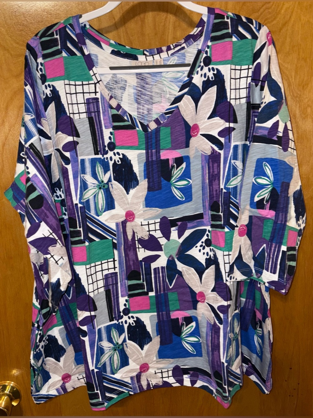 LOGO by Lori Goldstein ‘nautical blue’ printed cotton slub 3/4 sleeve top 3X